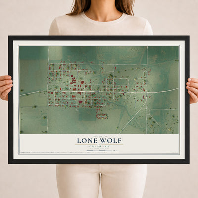 Map of Lone Wolf, Oklahoma, 18 x 24 inch print in a black wood frame