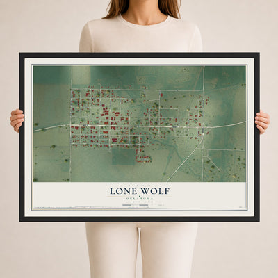 Map of Lone Wolf, Oklahoma, 24 x 36 inch print in a black wood frame