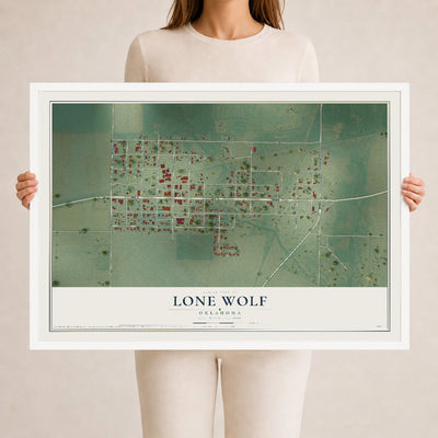 Map of Lone Wolf, Oklahoma, 24 x 36 inch print in a white wood frame