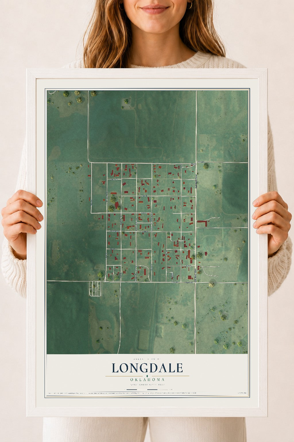 Map of Longdale, Oklahoma, 18 x 24 inch print in a white wood frame