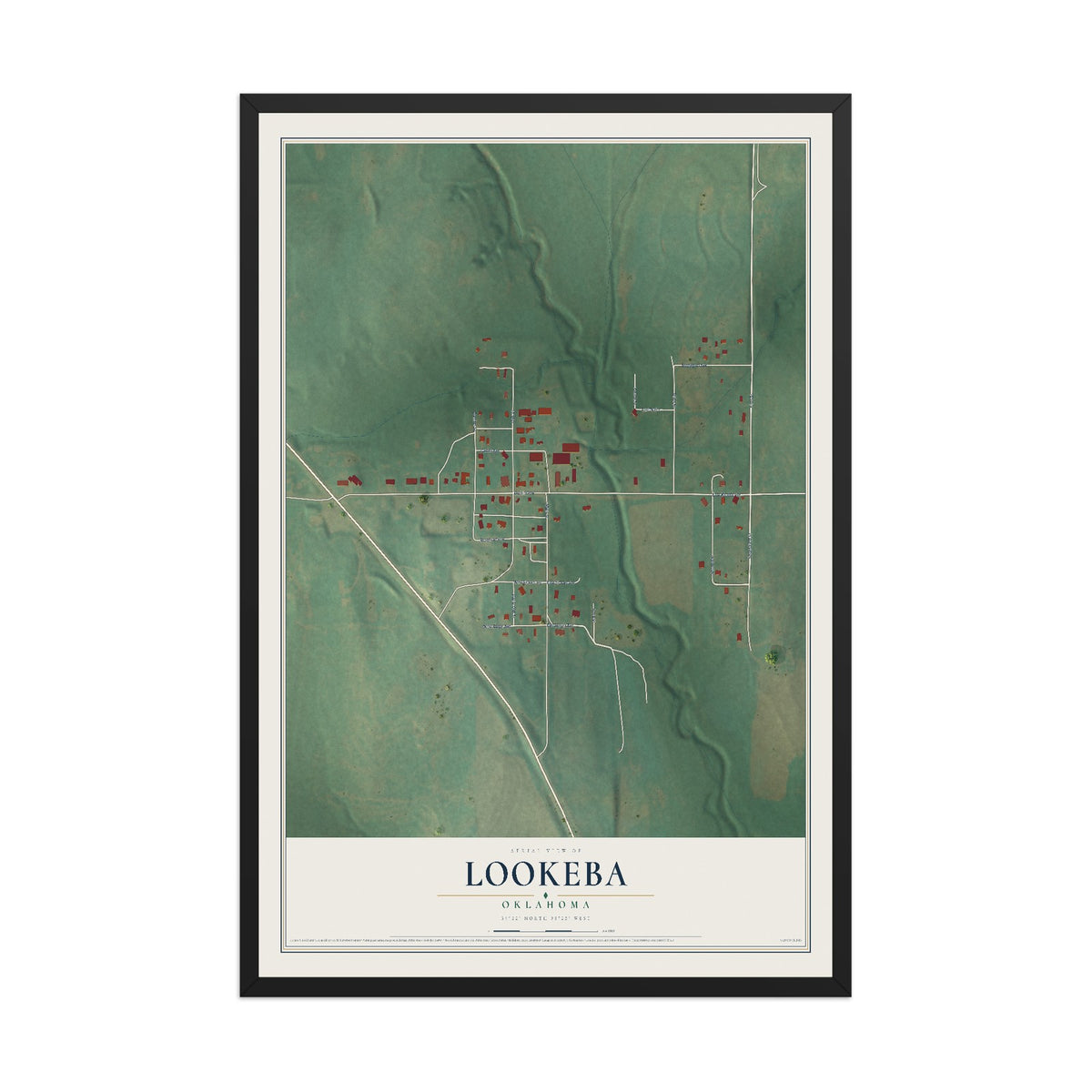 Map of Lookeba, Oklahoma, 12 x 18 inch print in a black wood frame