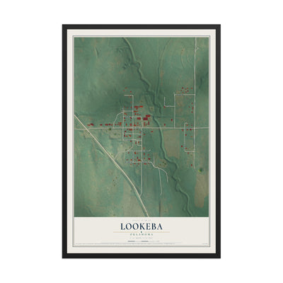 Map of Lookeba, Oklahoma, 12 x 18 inch print in a black wood frame