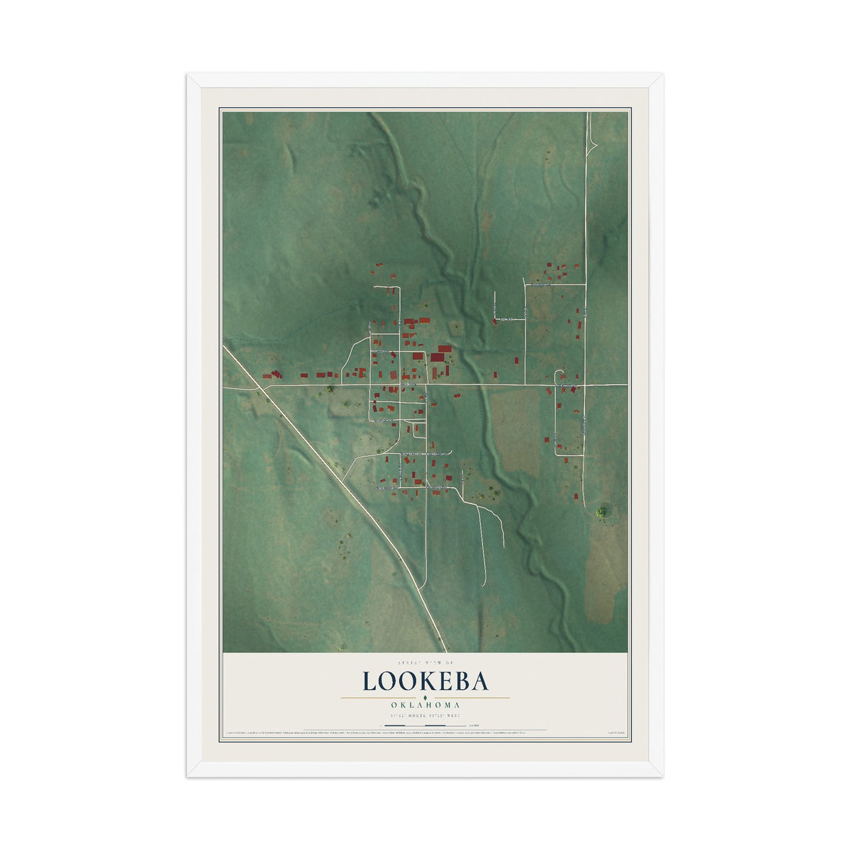 Map of Lookeba, Oklahoma, 12 x 18 inch print in a white wood frame