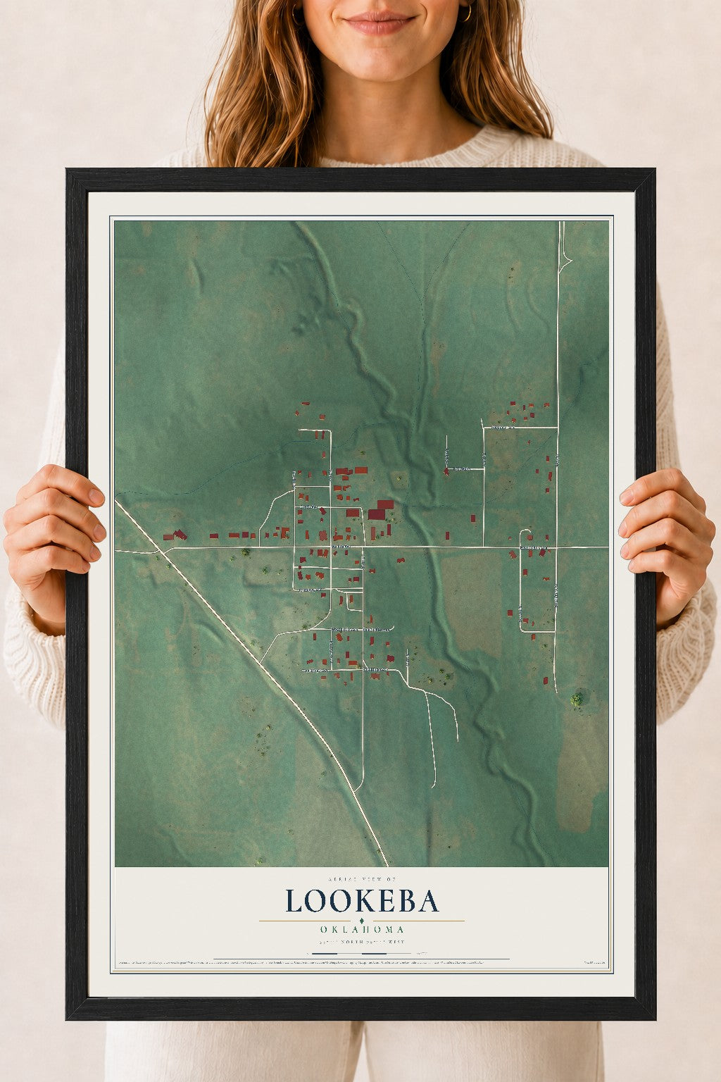 Map of Lookeba, Oklahoma, 18 x 24 inch print in a black wood frame