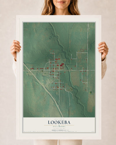 Map of Lookeba, Oklahoma, 24 x 36 inch print in a white wood frame