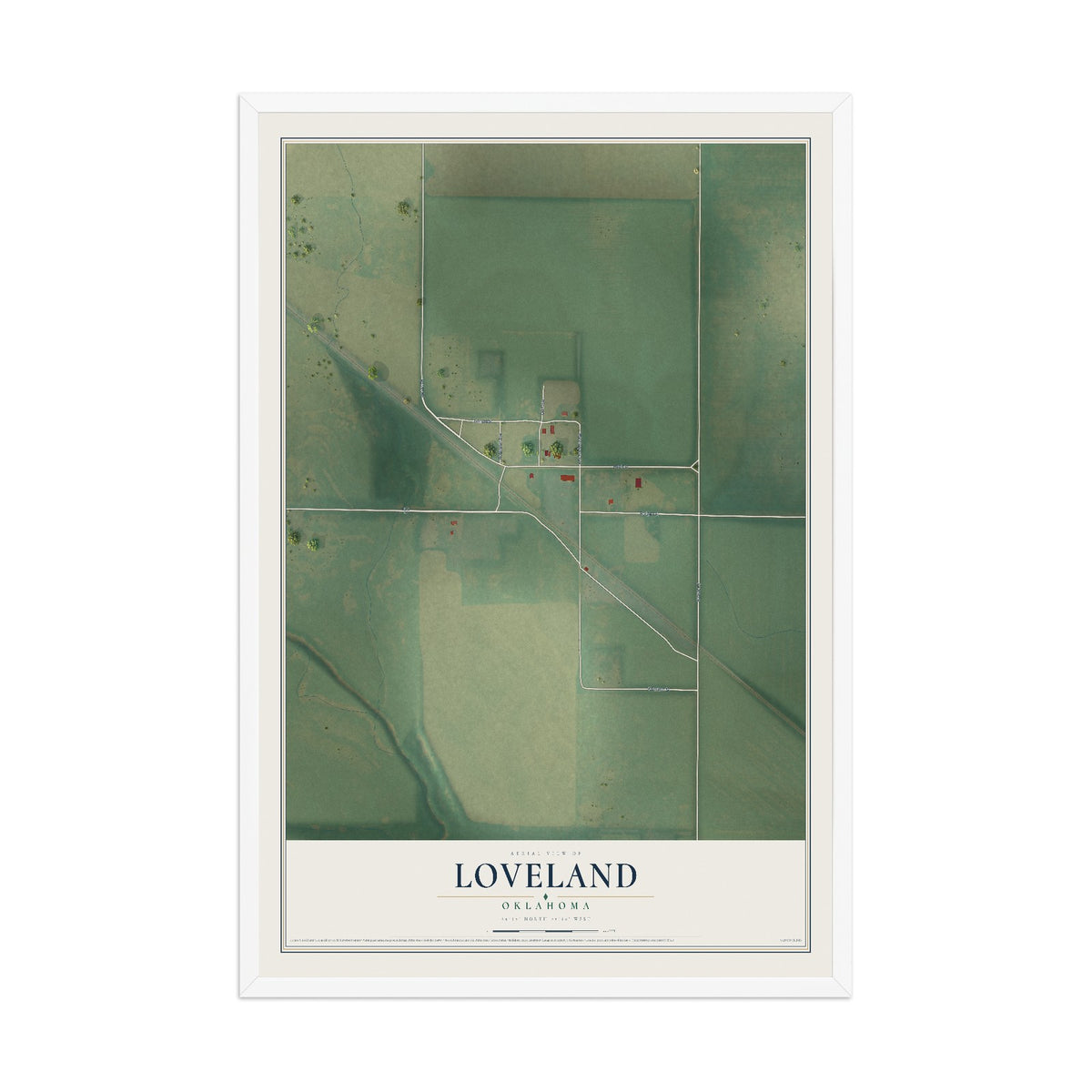 Map of Loveland, Oklahoma, 12 x 18 inch print in a white wood frame