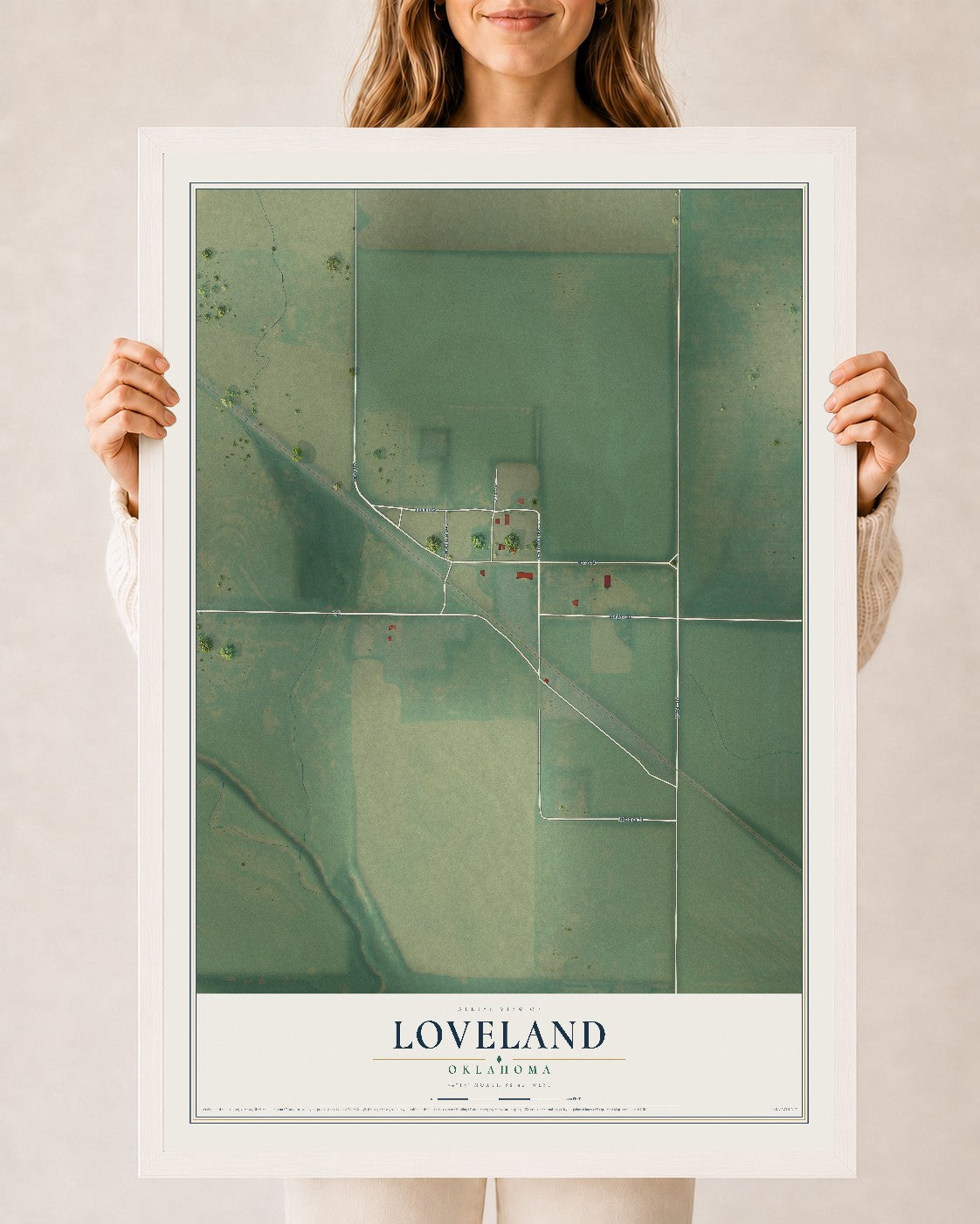Map of Loveland, Oklahoma, 24 x 36 inch print in a white wood frame