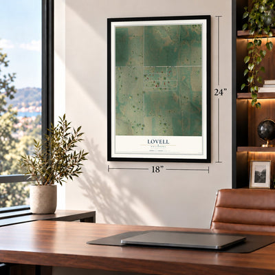 Lovell, Oklahoma map, 18 x 24 inch print in a black frame in a home office