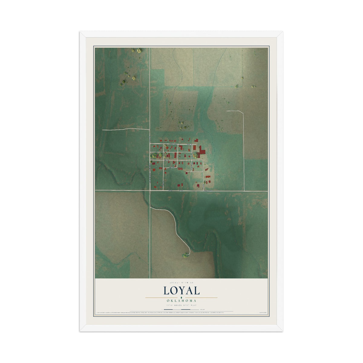 Map of Loyal, Oklahoma, 12 x 18 inch print in a white wood frame
