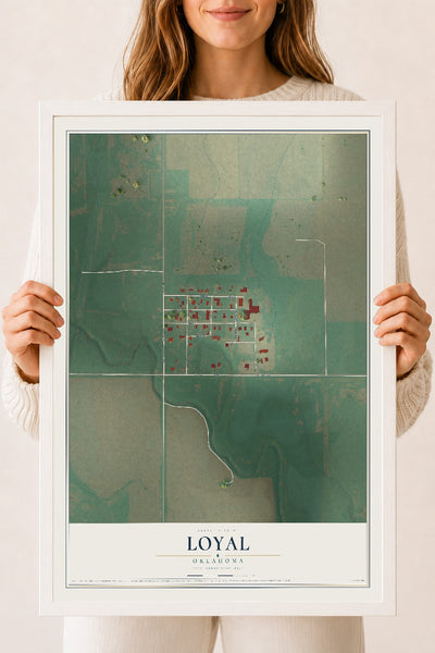 Map of Loyal, Oklahoma, 18 x 24 inch print in a white wood frame