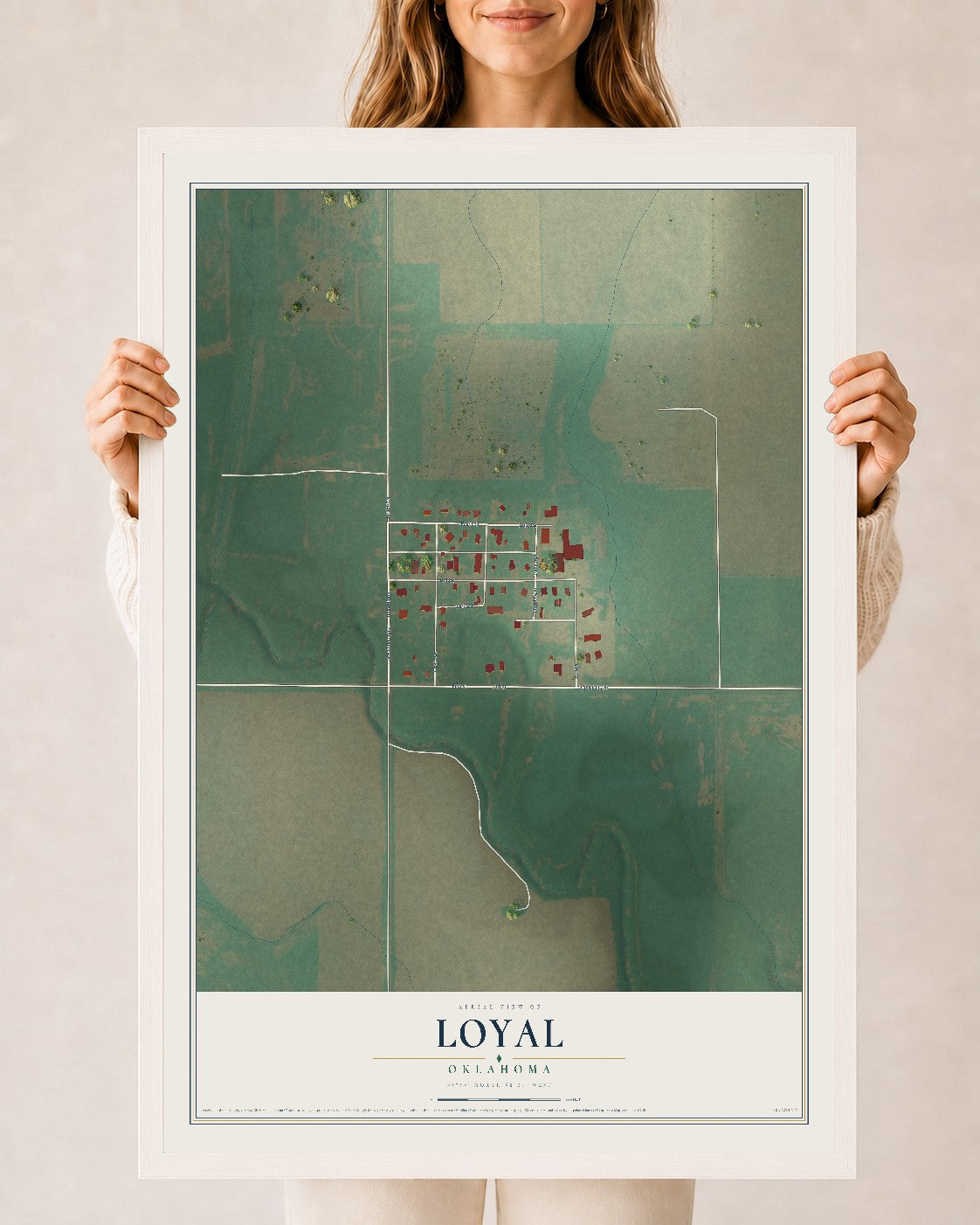 Map of Loyal, Oklahoma, 24 x 36 inch print in a white wood frame