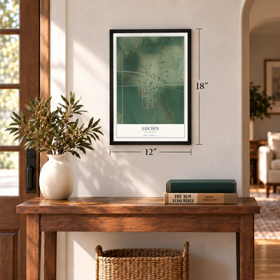 Lucien, Oklahoma map, 12 x 18 inch print in a black frame in an entryway