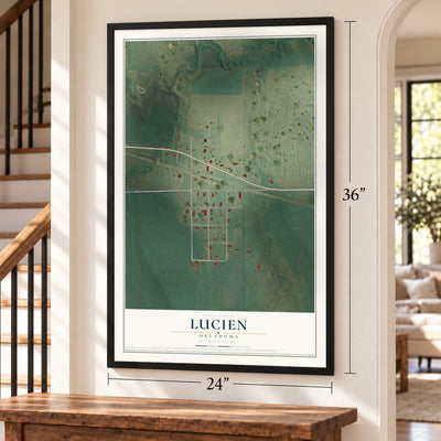 Lucien, Oklahoma map, 24 x 36 inch print in a black frame by a staircase
