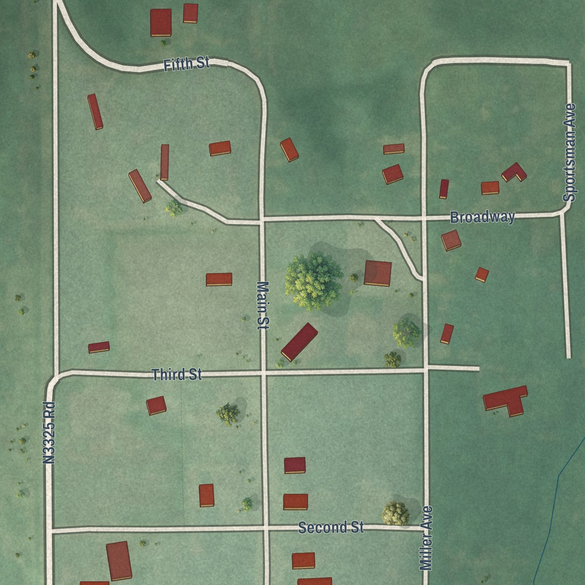 Close-up of the map of Macomb, Oklahoma print showing street and building detail