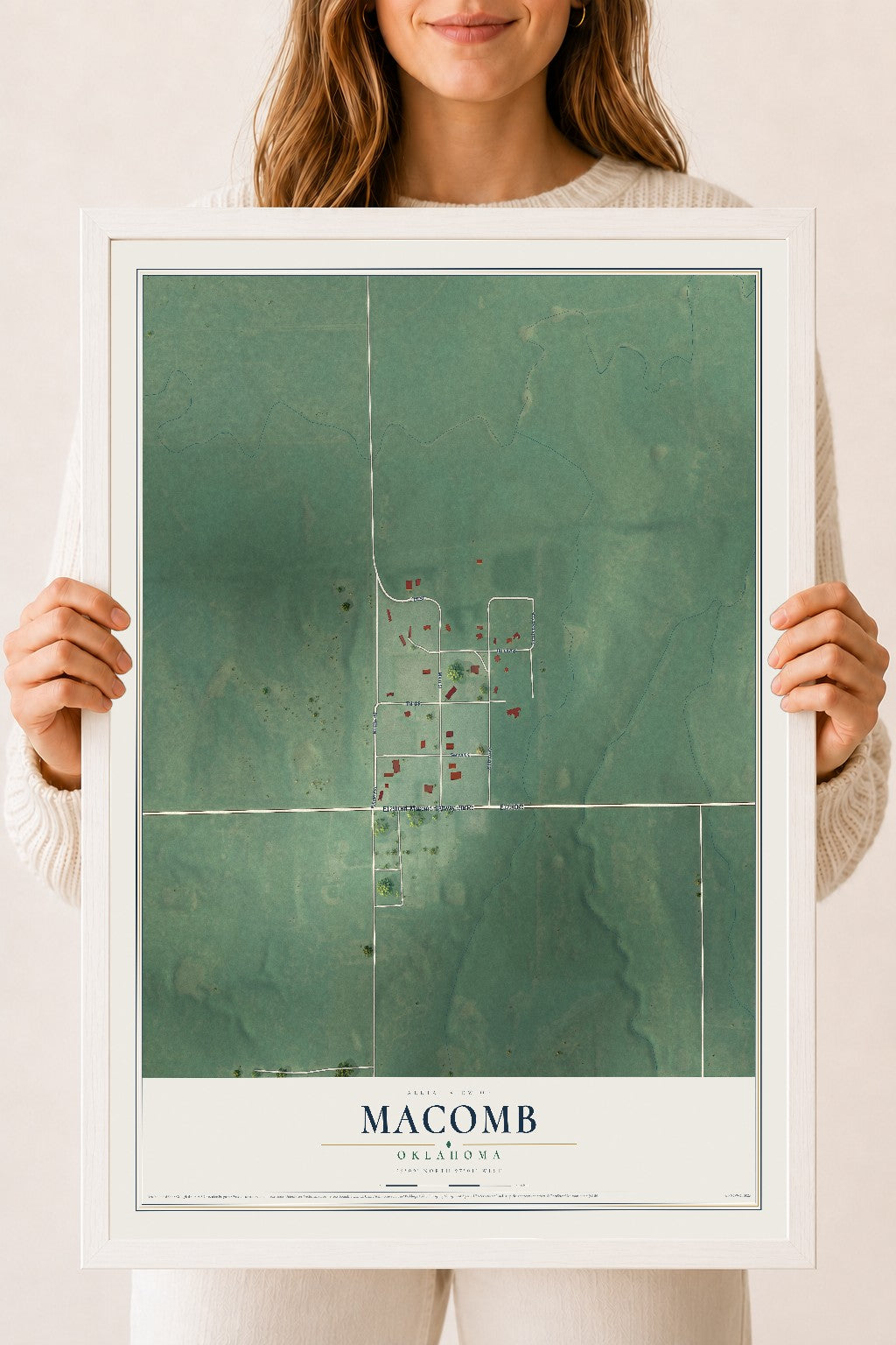 Map of Macomb, Oklahoma, 18 x 24 inch print in a white wood frame