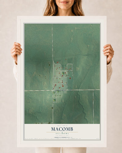 Map of Macomb, Oklahoma, 24 x 36 inch print in a white wood frame