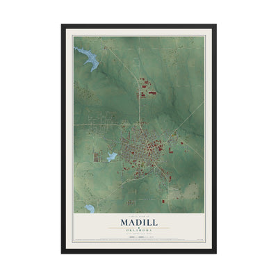 Map of Madill, Oklahoma, 12 x 18 inch print in a black wood frame