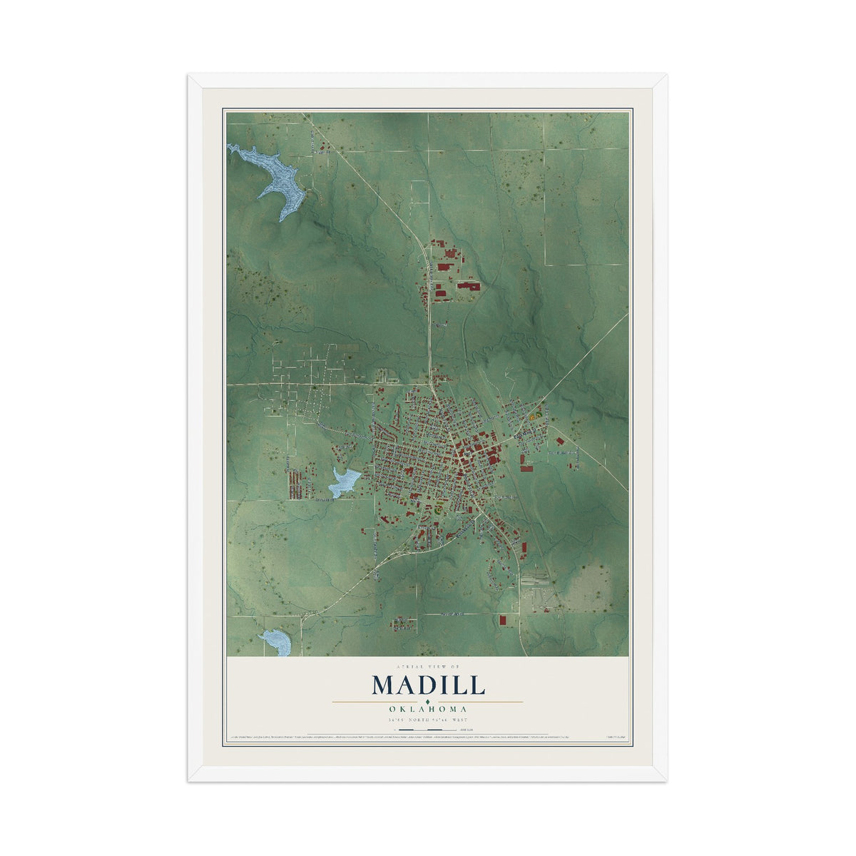 Map of Madill, Oklahoma, 12 x 18 inch print in a white wood frame