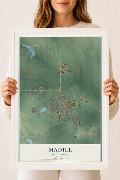 Map of Madill, Oklahoma, 18 x 24 inch print in a white wood frame