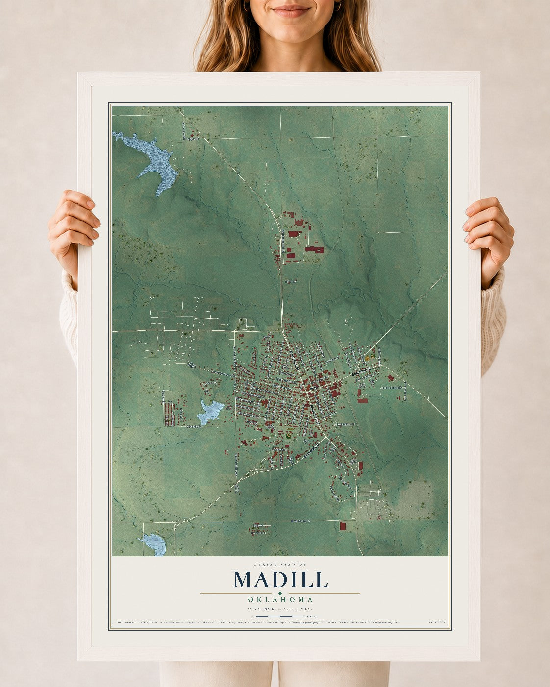 Map of Madill, Oklahoma, 24 x 36 inch print in a white wood frame