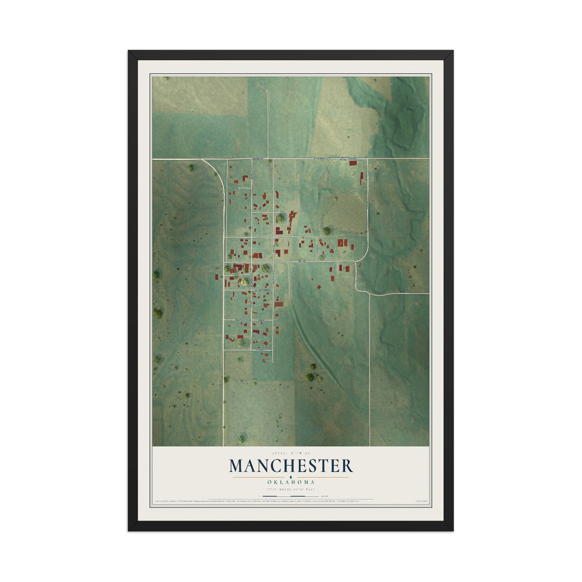 Map of Manchester, Oklahoma, 12 x 18 inch print in a black wood frame
