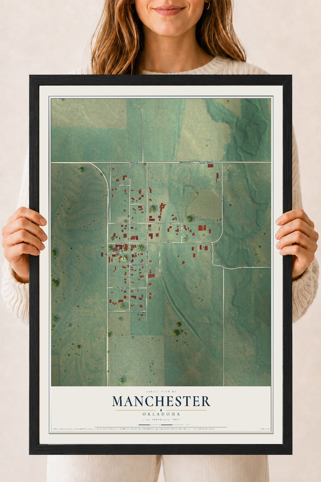 Map of Manchester, Oklahoma, 18 x 24 inch print in a black wood frame