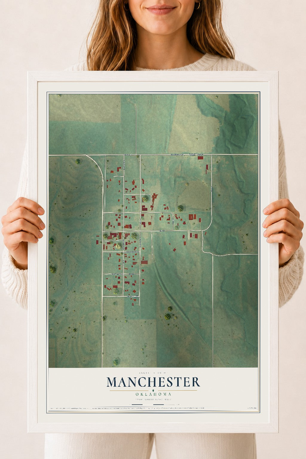 Map of Manchester, Oklahoma, 18 x 24 inch print in a white wood frame