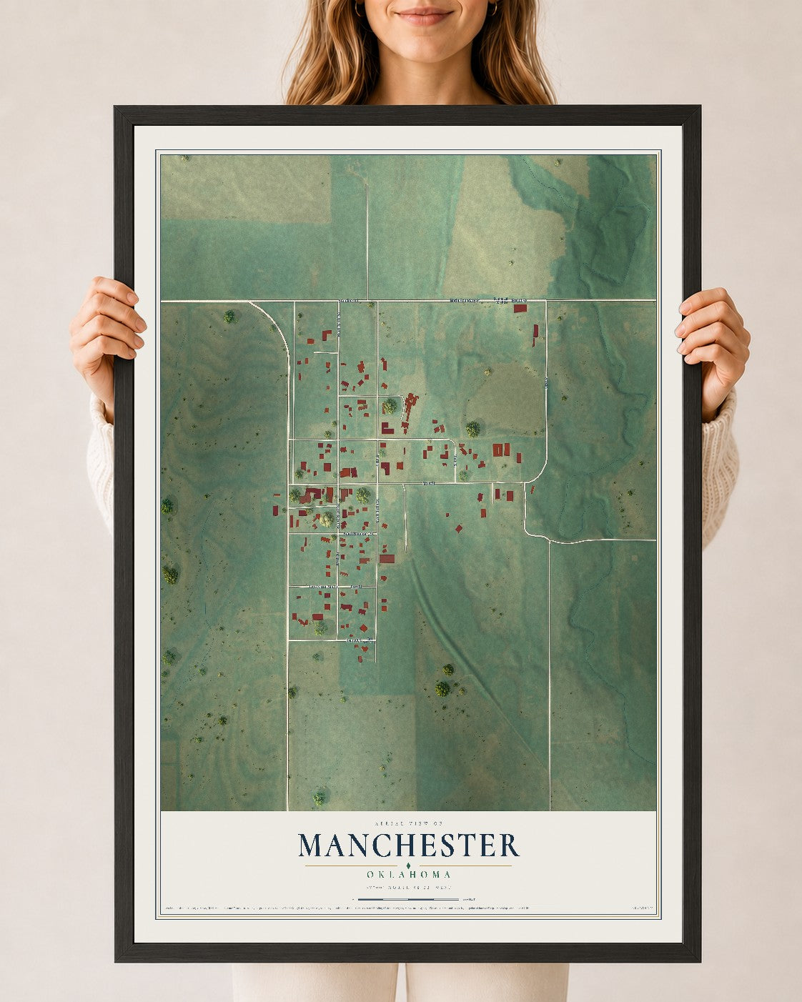 Map of Manchester, Oklahoma, 24 x 36 inch print in a black wood frame
