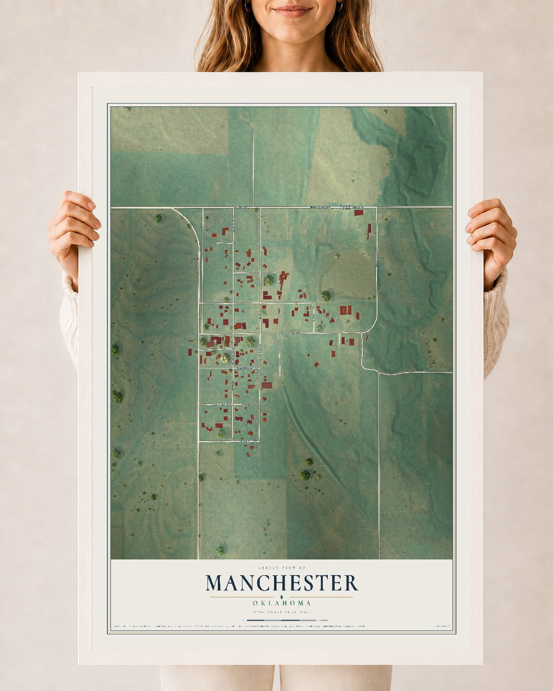 Map of Manchester, Oklahoma, 24 x 36 inch print in a white wood frame