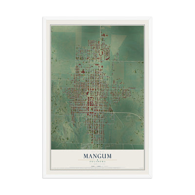 Map of Mangum, Oklahoma, 12 x 18 inch print in a white wood frame