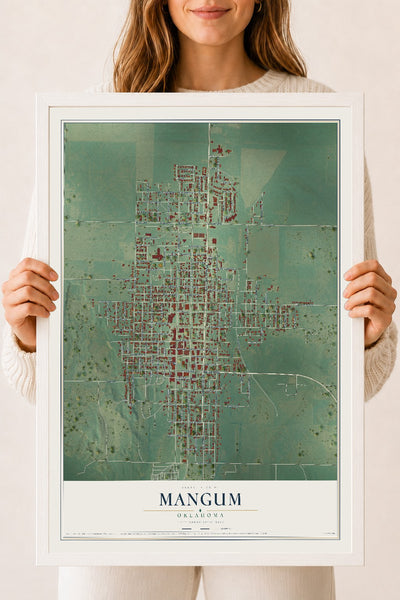 Map of Mangum, Oklahoma, 18 x 24 inch print in a white wood frame