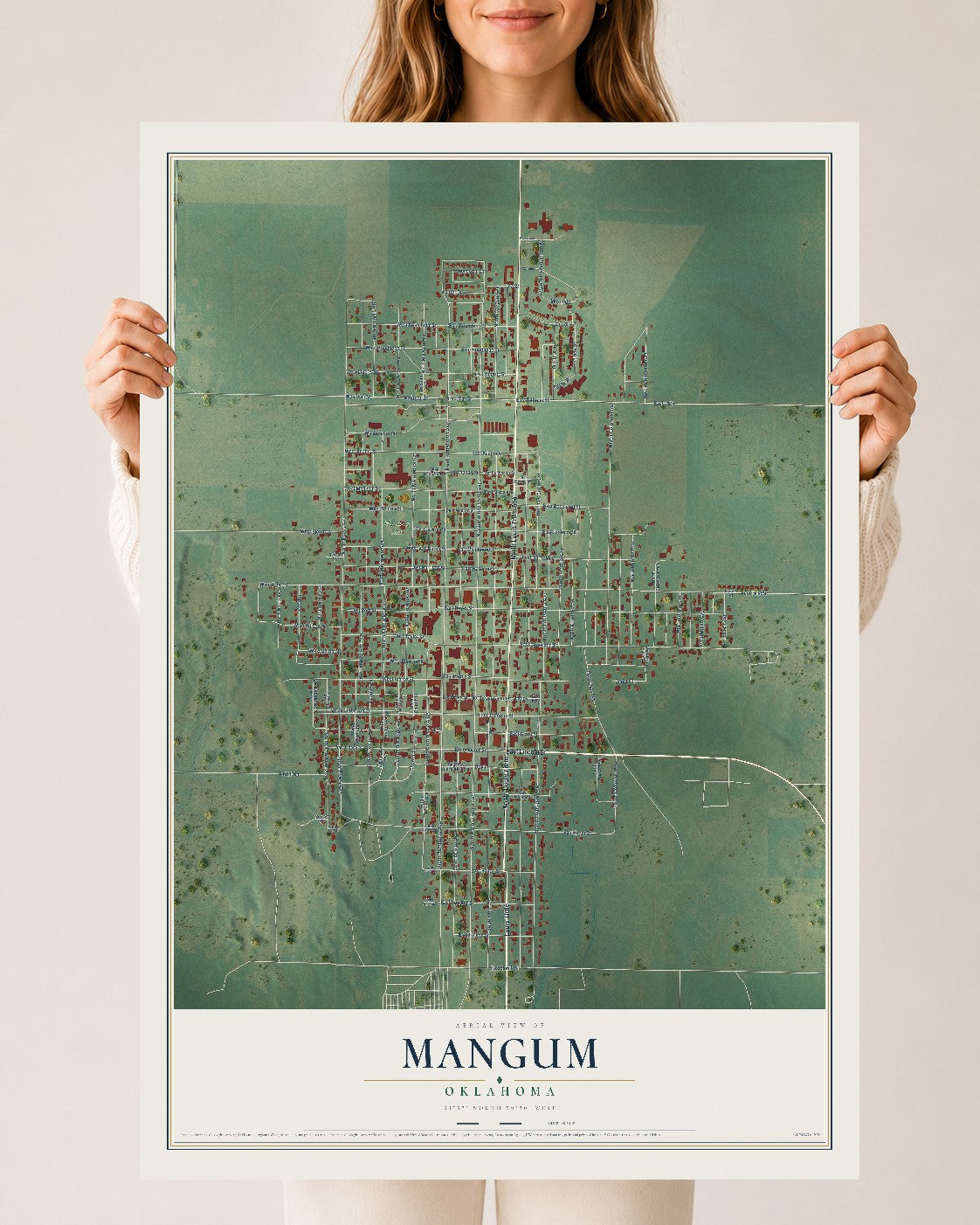 Map of Mangum, Oklahoma, 24 x 36 inch unframed archival matte print