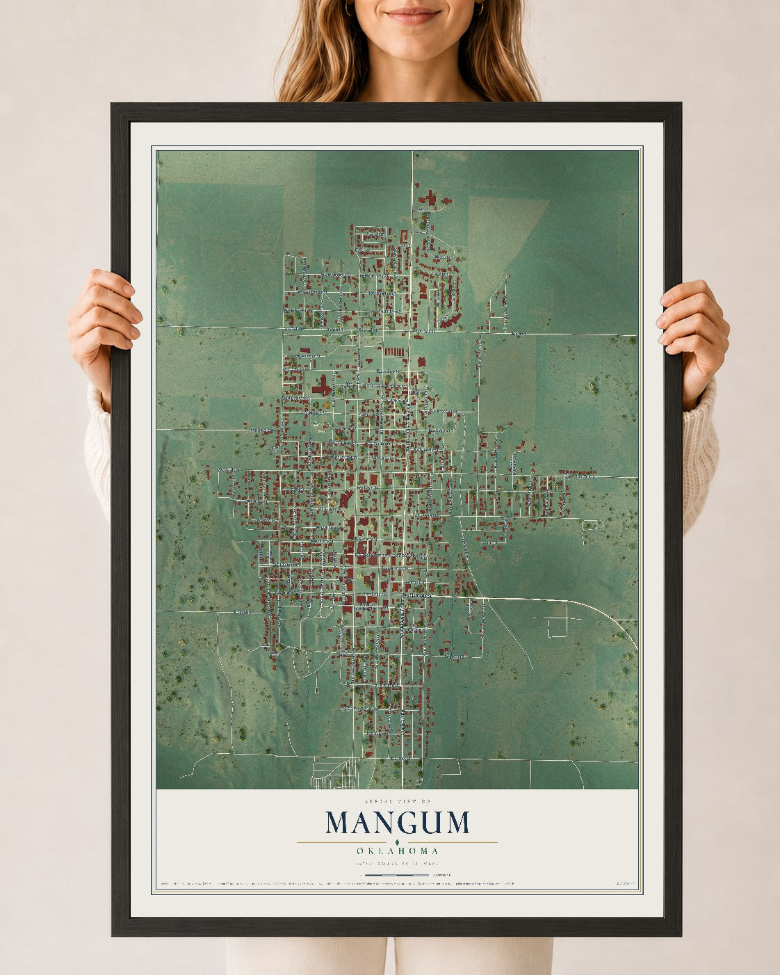 Map of Mangum, Oklahoma, 24 x 36 inch print in a black wood frame