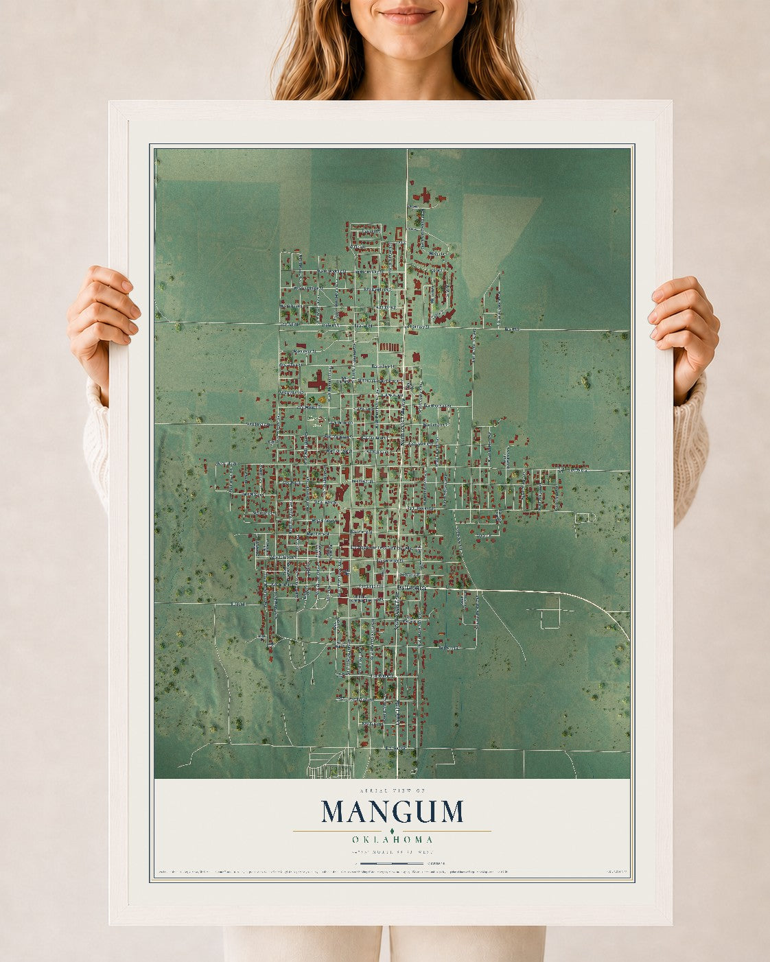Map of Mangum, Oklahoma, 24 x 36 inch print in a white wood frame