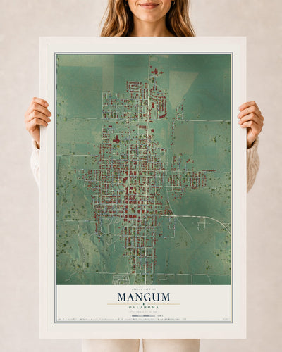 Map of Mangum, Oklahoma, 24 x 36 inch print in a white wood frame