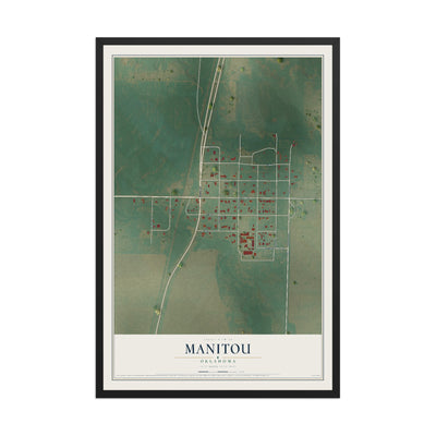 Map of Manitou, Oklahoma, 12 x 18 inch print in a black wood frame