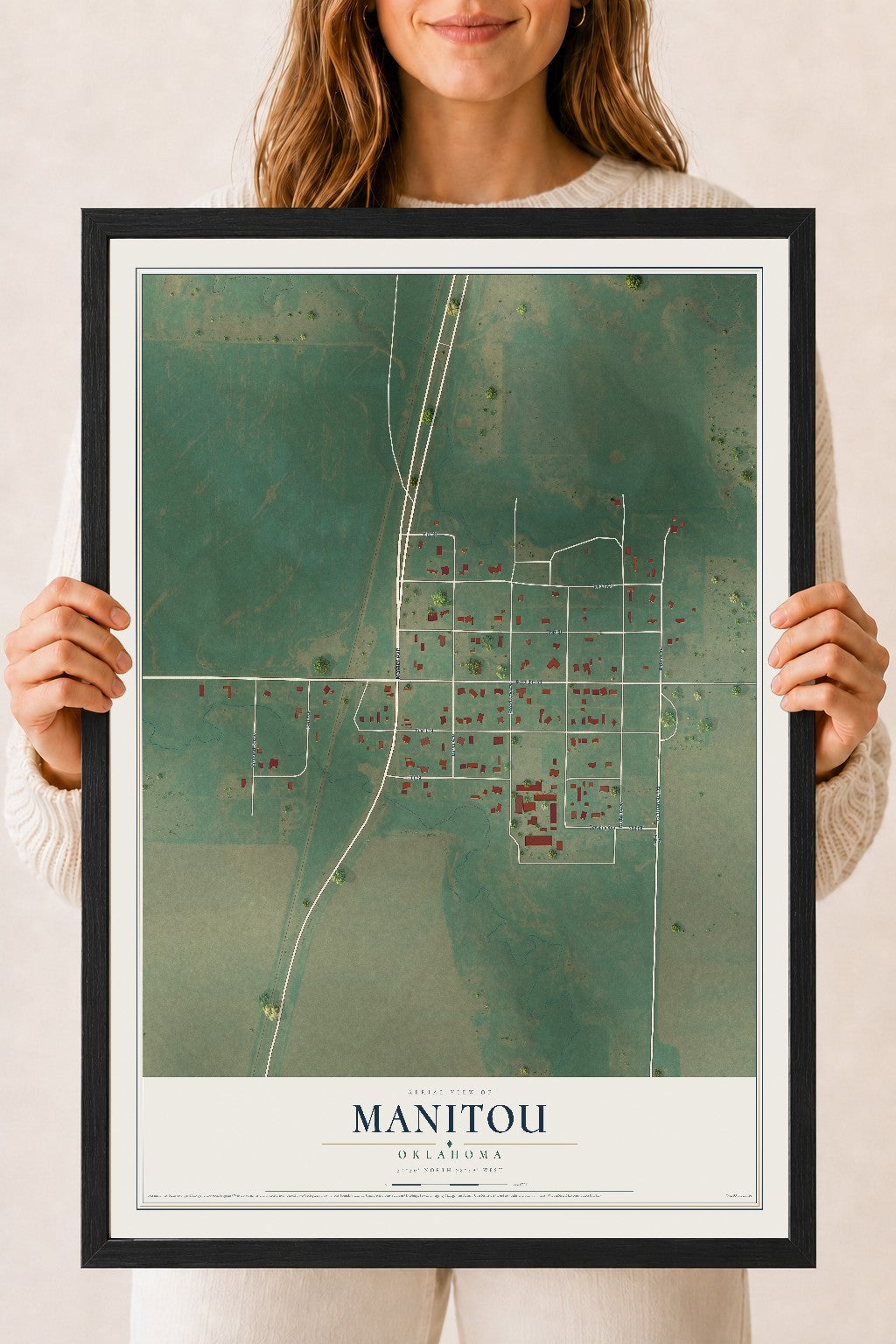 Map of Manitou, Oklahoma, 18 x 24 inch print in a black wood frame