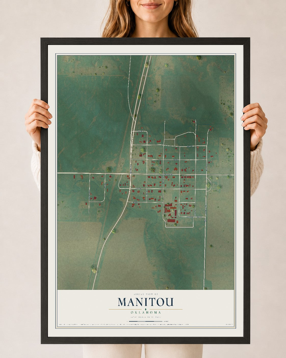 Map of Manitou, Oklahoma, 24 x 36 inch print in a black wood frame