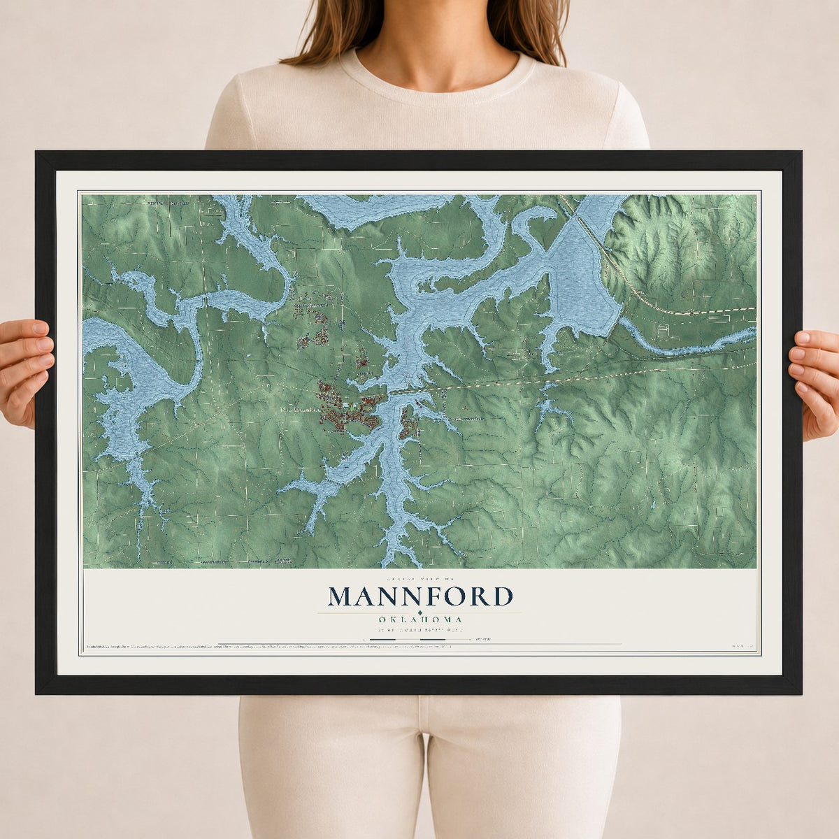 Map of Mannford, Oklahoma, 18 x 24 inch print in a black wood frame