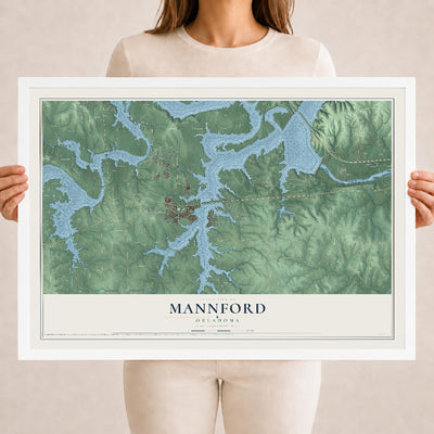 Map of Mannford, Oklahoma, 18 x 24 inch print in a white wood frame