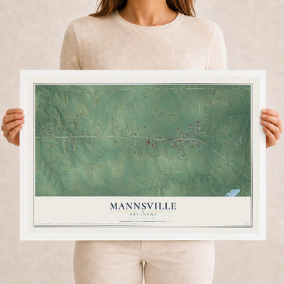 Map of Mannsville, Oklahoma, 12 x 18 inch print in a white wood frame