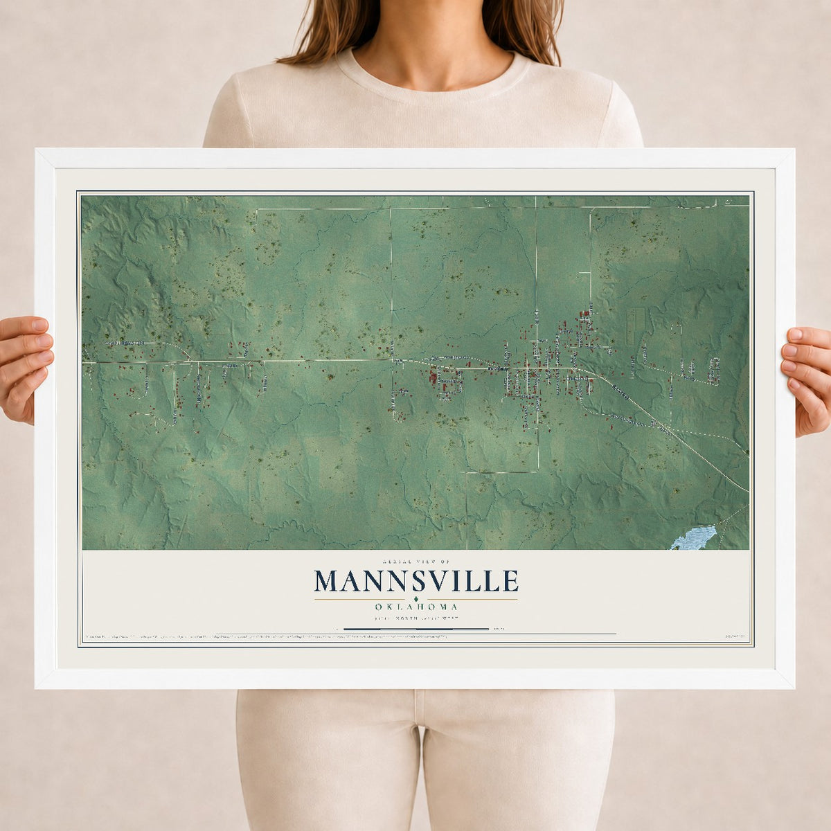 Map of Mannsville, Oklahoma, 18 x 24 inch print in a white wood frame