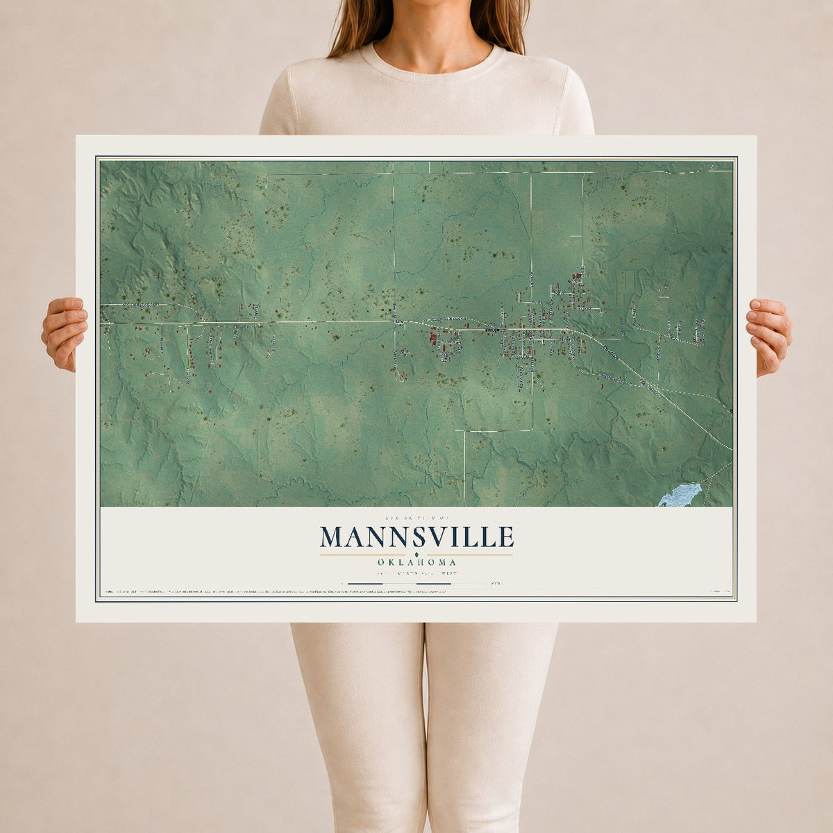 Map of Mannsville, Oklahoma, 24 x 36 inch unframed archival matte print