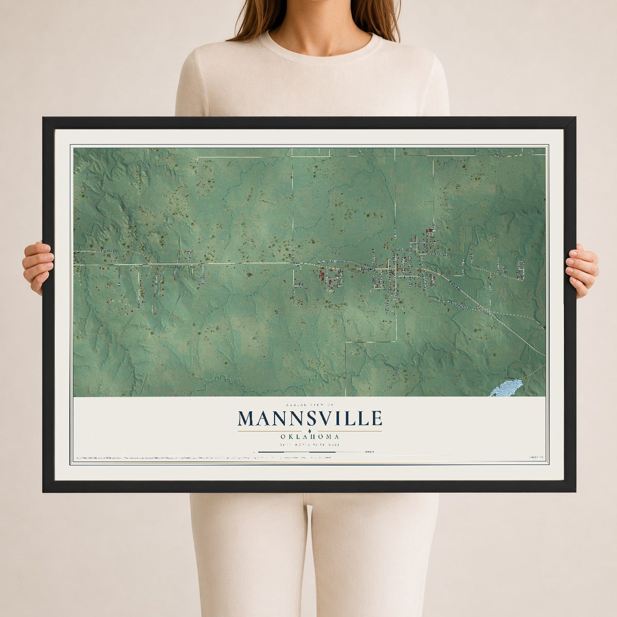 Map of Mannsville, Oklahoma, 24 x 36 inch print in a black wood frame