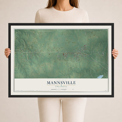 Map of Mannsville, Oklahoma, 24 x 36 inch print in a black wood frame