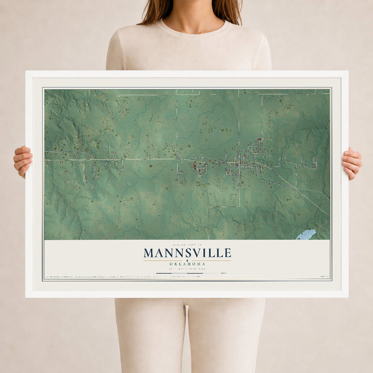 Map of Mannsville, Oklahoma, 24 x 36 inch print in a white wood frame