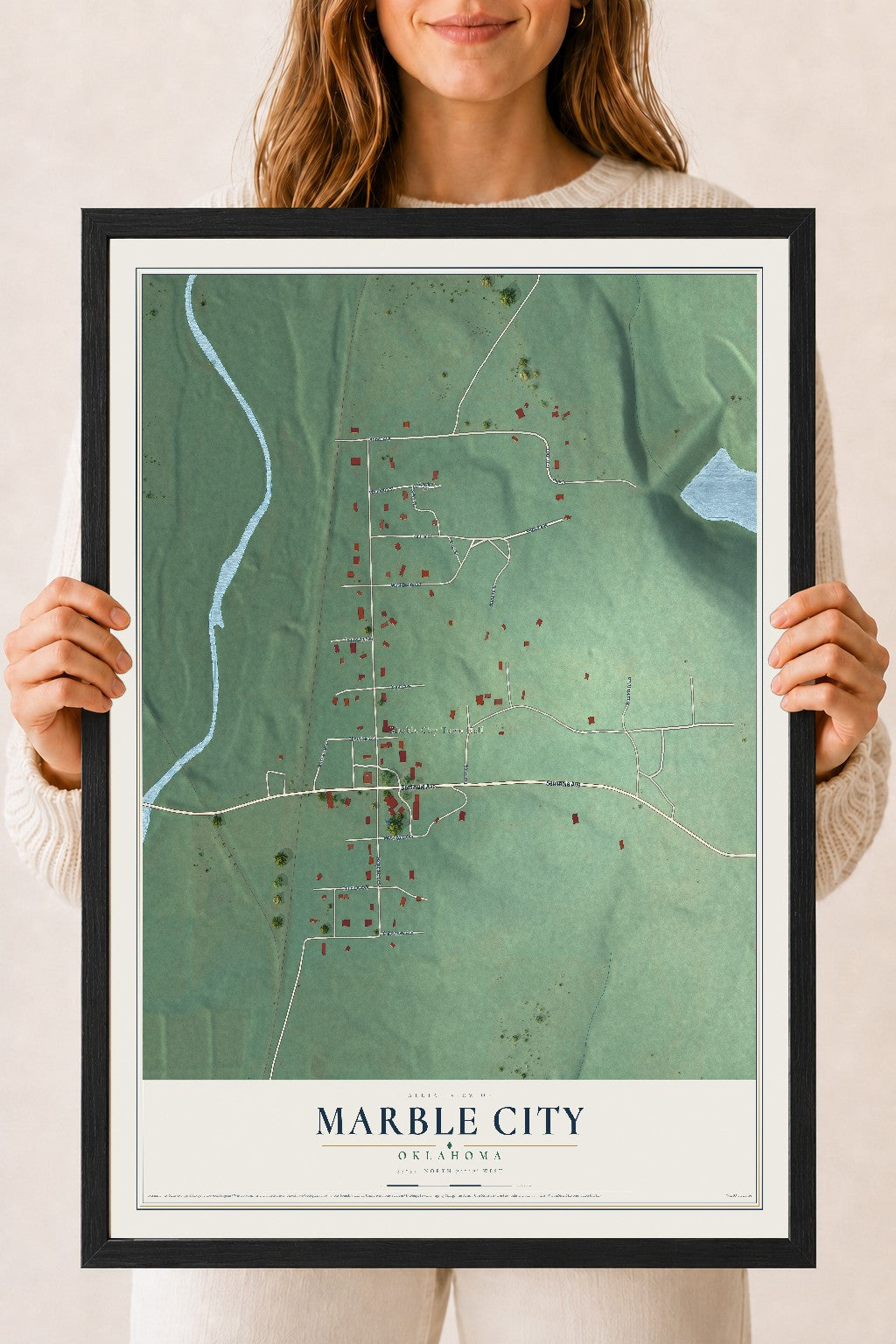 Map of Marble City, Oklahoma, 18 x 24 inch print in a black wood frame
