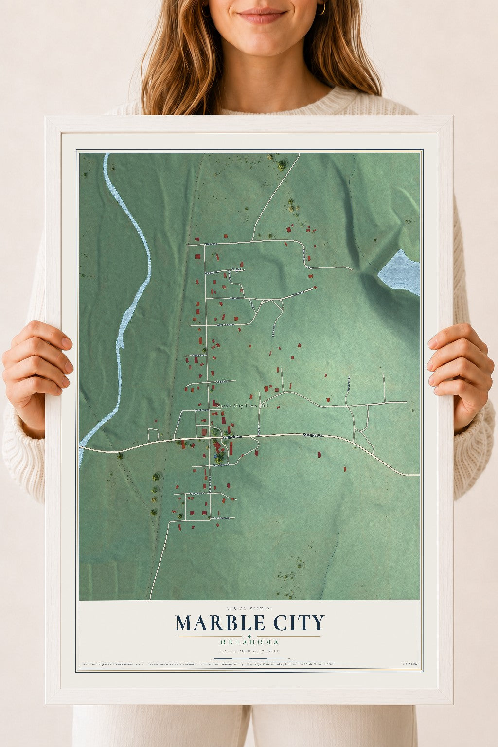 Map of Marble City, Oklahoma, 18 x 24 inch print in a white wood frame