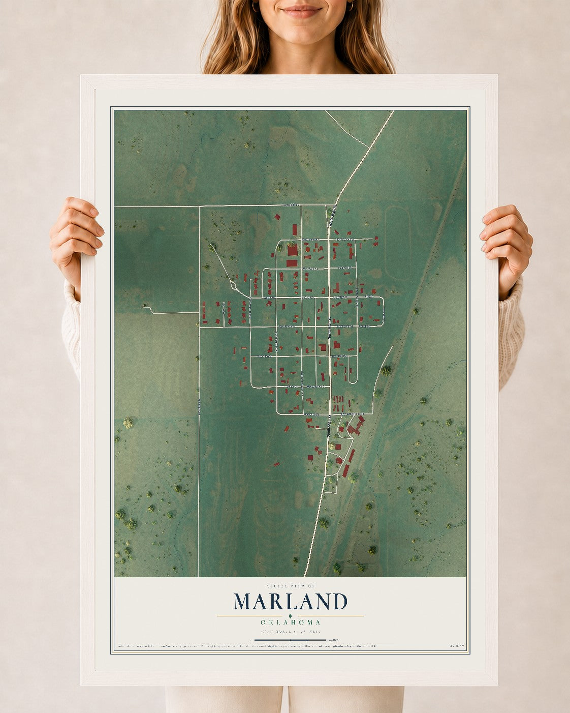 Map of Marland, Oklahoma, 24 x 36 inch print in a white wood frame