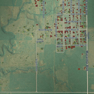Close-up of the map of Marshall, Oklahoma print showing street and building detail